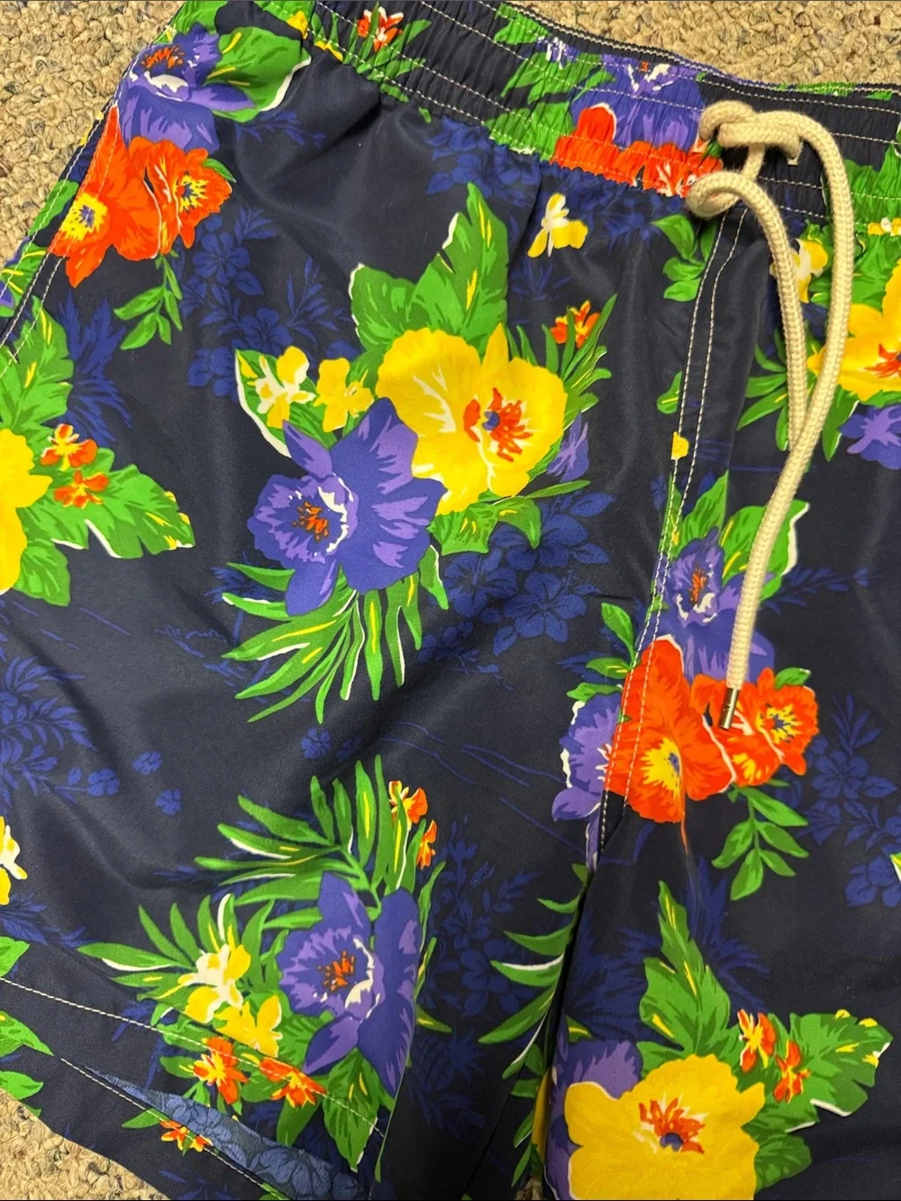 Men's Navy Floral Swim Trunks - Drawstring Waist Polo size L NWOT Ralph Lauren